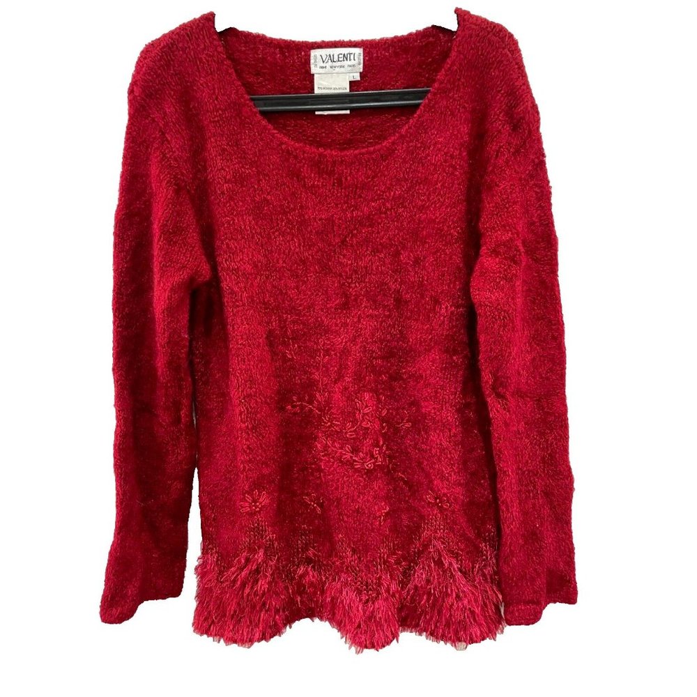 VALENTI Vintage Mohair Blend Fuzzy Crew Neck Red beaded embroidery Sweater Large